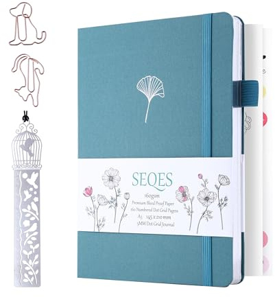SeQeS A5 Bullet Dotted Journal Notebook | 160gsm Thick Bleedproof Paper, Lay Flat Binding, 160 Numbered Pages | Hard Cover Dot Grid Notebook/Bullet Journals for Creatives & Professionals-Ginkgo leaf