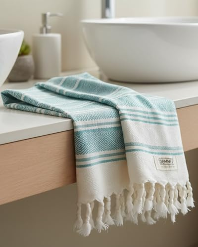 DEMMEX, Juego de 2 toallas de mano turcas orgánicas para baño, 100 % algodón turco certificado Oeko-TEX, de secado rápido, ligeras, de cocina y viaje, tejido de diamante, grande, 46 x 92 cm, Verde