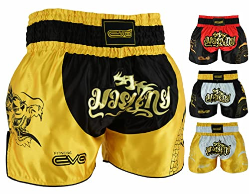 EVO Fitness Muay Thai Shorts MMA Martial Arts Grappling Kick Boxing UFC Cage Fighting Gym Training Men Women Clothing Gear (Large, Black/Golden)