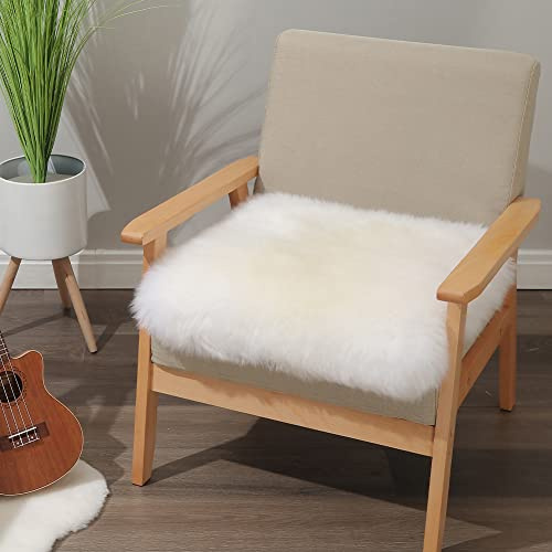 IRIWOOL Square Fur Sheepskin Chair Cover Seat Cushion Pad Super Soft Area Rugs for Living Bedroom Sofa 18 x 18 (Pack of 1), Milky White
