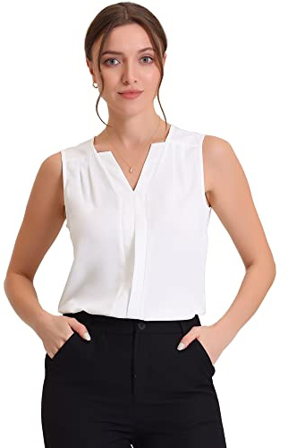 Allegra K Sleeveless Work Top for Women's Elegant Pleated V Neck Blouse Shirt Tank Top X-Small White