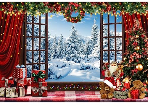 150x120cm Toile de Fond de noël Paysage de Neige à l'extérieur de la fenêtre Fond de Photographie Rideau Rouge Toile de Fond de Photographie de noël bannière de décoration de fête du Nouvel an