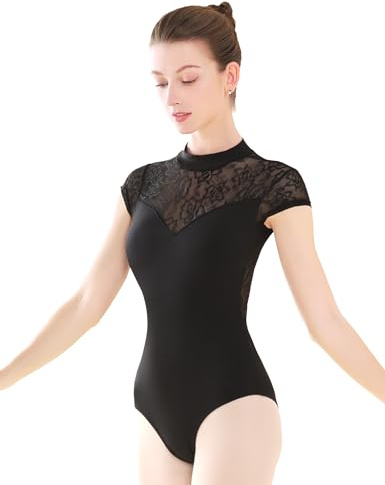 Phoeswan Ballet Leotards for Women, Black Leotard Turtleneck Lace Splice Dance Leotards for Women, Size Small