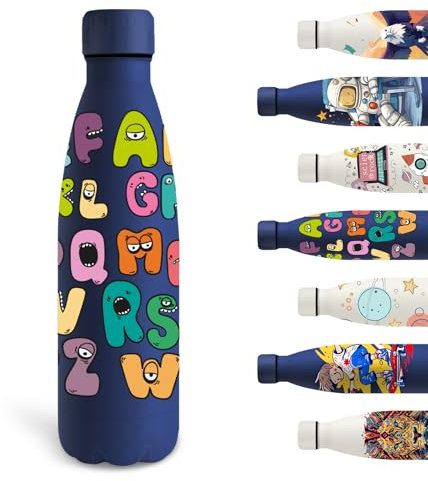 Grsta Botella Agua Acero Inoxidable, 500ml Botella Termica, Niños sin BPA, Personalizada con Letras, Cantimplora para la Escuela, Oficina, Viajar, Deportes, Azul Marino