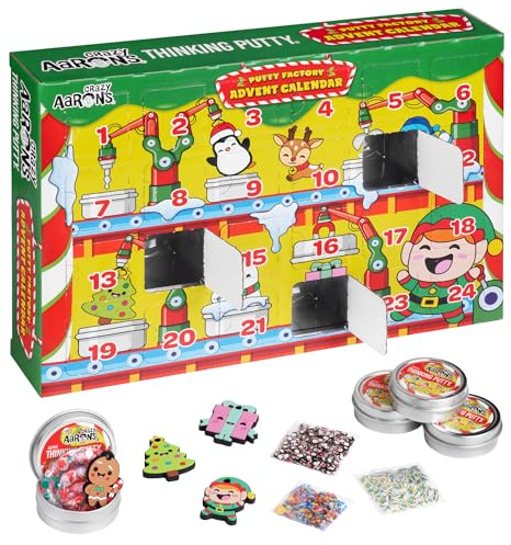 Crazy Aaron's Thinking Putty Advent Calendar, 24 Days of Holiday Surprises, 8 Mini Tins with Mix-ins and Charms