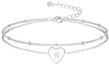 JeweBella Dubbelt lager initial bokstav armband för kvinnor flickor silver/guld armband för kvinnor hjärta koppararmband bokstavspärlor personligt initialt armband smycken present till kvinnor