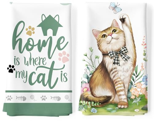 Arquiel Katze Blätter Geschirrtücher 100% Baumwolle 2er-Set 48 x 70 cm | Geschirrtücher aus 100% Baumwolle, Motiv: Katze Blätter; saugfähig und pflegeleicht zum Abtrocknen in der Küche.