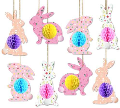 Larfraecy 8 Stück Osterhase Wabenpapier Dekorationen Waben Osterhasen Papier Ostereier Osterhasen 3D Wabe Party Hängende Dekorationen Osterhasen Anhänger für Oster,Deko Frühling,Party Deko