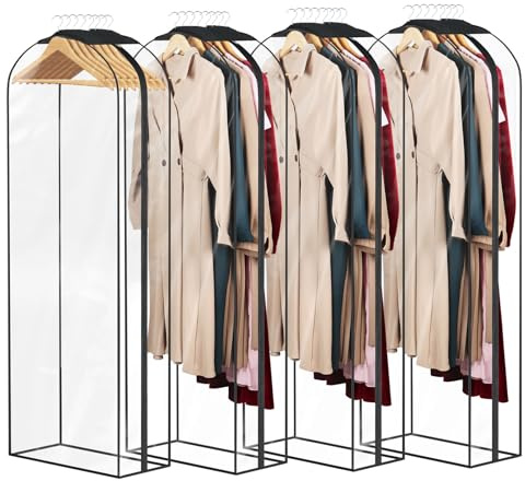 Syeeiex Kleidersack Lang 152 x 60 x 25 Transparent Anzugtasche Kleidersäcke, Kleidersack Abdeckung mit Reißverschluss, Kleiderhülle für Anzug und Kleid Atmungsaktive Anzugtasche für Reisen - 4 Stück