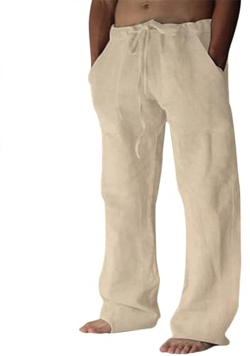 Cotton Linen Pants Men Casual Loose Fit Summer Beach Pants,LightKhaki,L