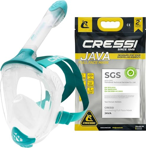 CRESSI Java Full Face Mask Clear/Aquamarine S/M - Snorkelmask för hela ansiktet, ultraklar antidimlins, 100% silikon, snorkeltorka med säkerhetsventiler,Transparent/Akvamarin,