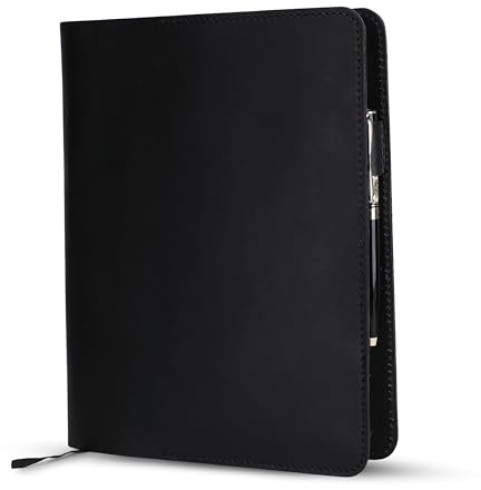 TheAntiq XL Leather Journal Cover 7.5 x 9.5 Inch – Refillable Genuine Leather Cover for Composition Notebook, Planner & Diary – Handmade Protective Travel Writing Case, Black