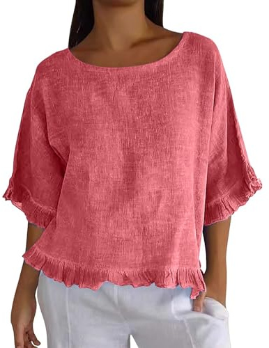 Camisas de lino para mujer, estilo casual, manga 3/4 con volantes, cuello barco, blusas básicas de moda, Rojo De La Sandía, XL