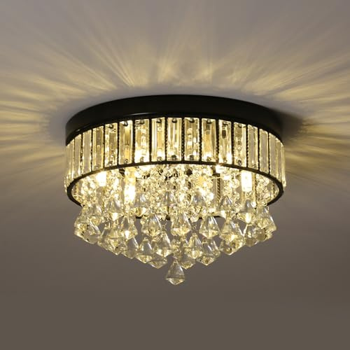 Esyogen Kristall Deckenleuchte Flush Mount Ø35cm Rund Deckenleuchte Luxus Kristallleuchter Wohnzimmer Kristall-Kronleuchter, 35x24cm, Schwarz