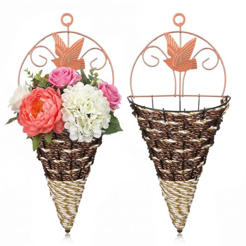 Toddmomy 2pcs Wall Baskets for the Garden, Simulation Rattan Weaving Hanging Flower Holder, Sturdy Iron Plastic Planter Pots for Indoor Succulent Plants, Beautiful Home Patio Fence Decor