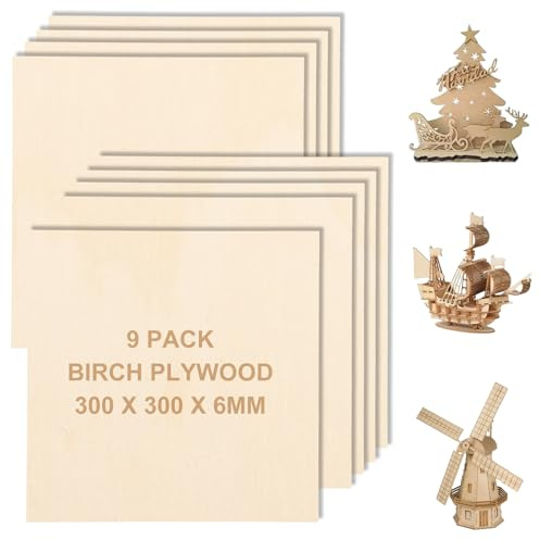 AHAQU 9PCS Plywood Sheets, 300 x 300 x 6mm Birch Wood Sheets, Unfinished Wood Boards for DIY Crafts, Painting, Modelling, Fretwork Engraved, Home Decor