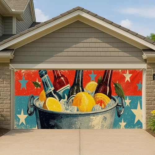 Seau à glace vintage patriotique pour porte de garage, grande boisson rétro, décorations de fête en plein air, 397 x 180 cm