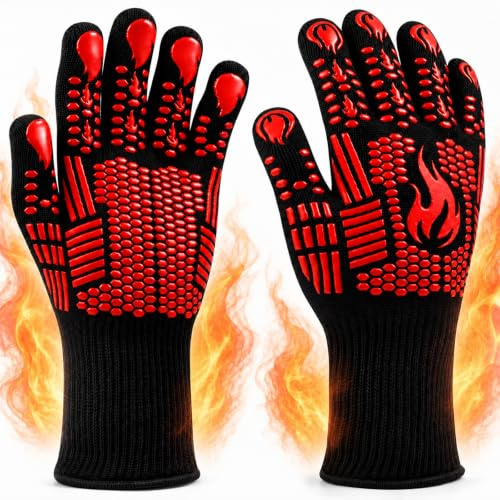 FITFETS Grillhandschuhe Hitzebeständig, Ofenhandschuhe, rutschfeste Silikon | Grill Zubehör Feuerfest Topfhandschuhe BBQ Kochhandschuhe Backhandschuhe, Ideale BBQ, Ofen, Kochen, Rot