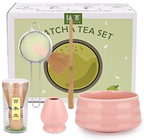 Diealles Shine 5 Pièces Matcha Kit, Matcha Set avec Fouet en Bambou, CuillèRe Filtrante, Tamis et CuillèRe à Matcha pour la Préparation du Matcha, Idée Cadeau pour les Amateurs de thé, Rose