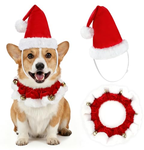 Sbayool Hunde-Weihnachtskostüm, Weihnachtsmütze mit Glockenhalsband L | rot-weißes Design, weiches elastisches Material, Mehrere Größen, Festliches Weihnachtsaccessoire für Fotos & Partys