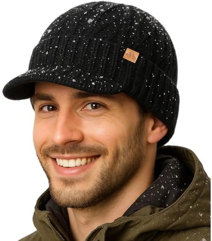 TOP-EX DryKnit™ Gorro de punto impermeable L/XL/XXL de lana merina con visera forrado de forro polar, gorro de invierno cálido para hombre y mujer, Negro , M-L