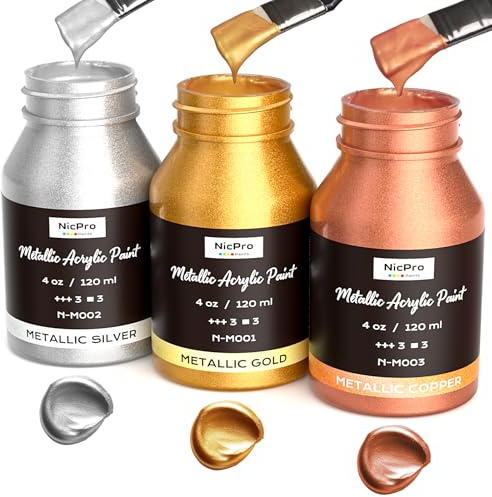 Nicpro Metallic Acrylfarbe, 3 Farben: Gold Silber Kupfer, 360 ml Blattgoldfarbe, ungiftig, lichtecht für Kunstmalerei, Kunsthandwerk, ideal für verschiedene Oberflächen, Leinwand, Holz, Ton und Metall