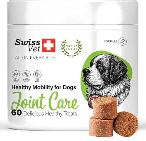 SwissVet Gelenktabletten für Hunde - 60 Kautabletten mit Grünlippmuschel, MSM, Glucosamin, Chondroitin & Collagen - Hochdosierte Gelenkunterstützung für Mobilität & Knorpel - Getreidefrei