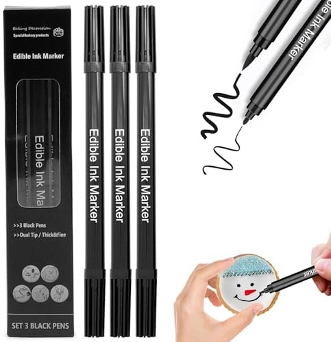 Cycayit Black Edible Markers，3-Pack Black Edible Ink Markers for Cookies Decorating，Food Coloring Pens for Biscotti, Fondant, Frosting, and Party Decorating – Dual-Tip Edible Markers for DIY Desserts, Hard Cookies, and Custom Designs