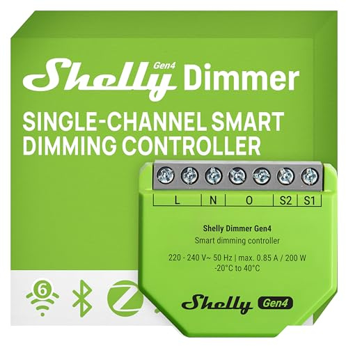 Shelly Dimmer Gen4 – WLAN Smart Dimmer, Matter-certifierad, dimbara lampor, Zigbee ljusbrytare, LED-remsor, timer, ingen neutral ledare, ingen hubb krävs för att passa i Alexa, Google & HomeKit