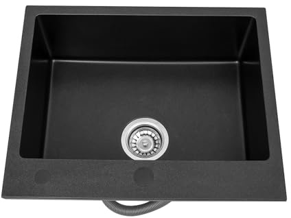 Lavabo da cucina in pietra di quarzo, 55 x 45 cm, da incasso, profondità 9 pollici, con valvola di scarico, valvola di scarico per sottostruttura, piano di lavoro, lavello da cucina (nero)