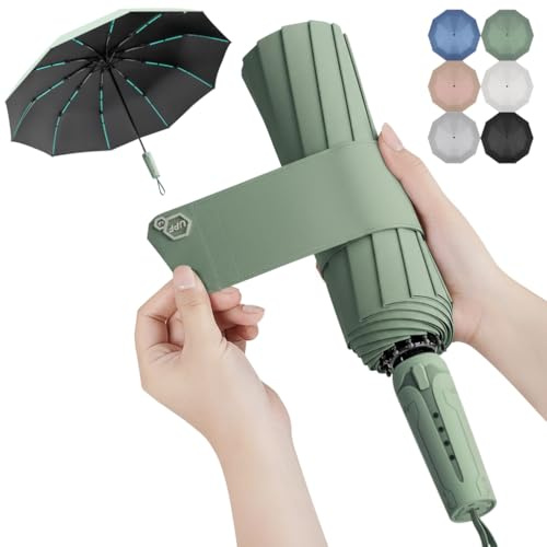 LEVADA Large Windproof Automatic Umbrella 105cm, Heavy Duty with 10 Triple-Reinforced Ribs, Double Layer UV Protection Canopy, Strong & Durable Folding Umbrella (Green)