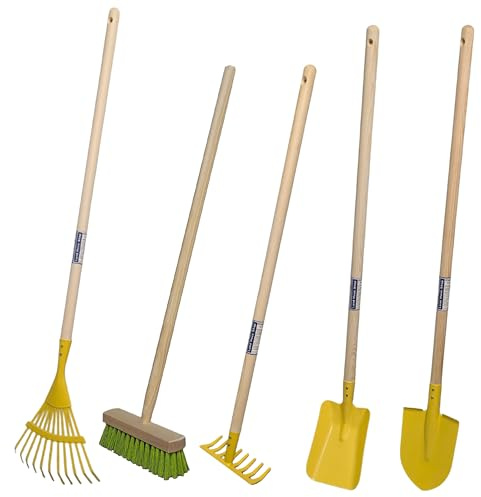 Land-Haus-Shop Kinder Gartengeräte Set, Gelb, 5-teilig mit Besen | Besen, Spaten, Harke, Rechen, Schaufel, Spielzeug Garten Geräte massiv