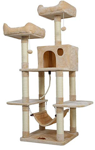 Meerveil Arbre à Chat Griffe de Chat Cadre d'escalade de Chat Planche à Gratter Jouet Boule de Cheveux Suspendu Double Plateforme, Hamac, Hauteur 150cm (Beige) 50 x 50 x 145 cm (Pack of 1)