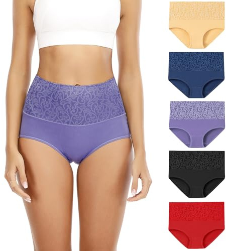 Senllori Donne Vita Alta Cotone Intima Tummy Controllo Slip Signore Morbido Copertura Completa Mutandine 5 Pack Multicolore Taglia L