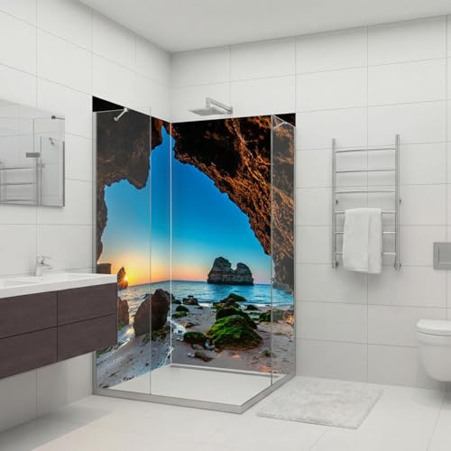 dedeco Eck-Duschrückwand wasserfest mit Höhlen Motiv - 2 x 90x200 cm, als Badrückwand zum Fliesenersatz, als Dekorwand, Wandverkleidung und Duschplatte aus hochwertigem Aluminium - Made in Germany