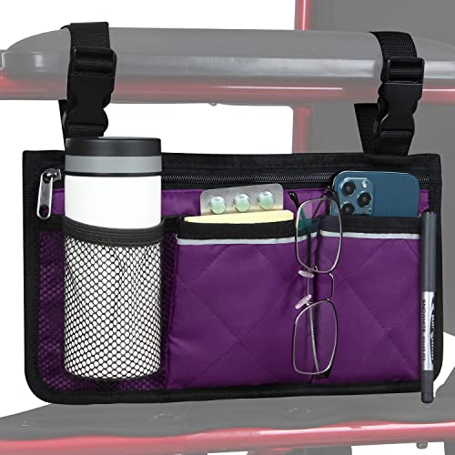 HSGEZUOQI Wheelchair Side Bag, Armrest Storage Pouch with Cup Holder and Reflective Strip for Wheelchairs, Walkers or Rollators (Purple)