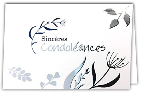 Afie Tarjeta plateada con sobre de 145 x 105 mm – Esferas de condolencias cortadas con hojas de árbol azul brillante para muerte mujer o hombre, ceremonia de despedida – Fabricado en Francia