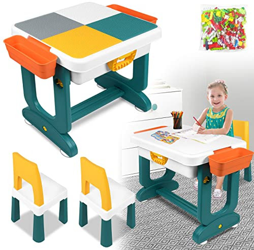 XMTECH Kindertisch mit Stühle Set 6 in 1Kompatibles Multi Aktivitätstisch Set,Kindersitzgruppe Bausteintisch, Spieltisch Schreibtisch, für Kinder Baustein Tisch Basteltisch