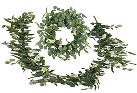 Leafy Creations 20-21 Eucalyptus and Berries Spring Wreath and Garland Set for Front Door. Easter Wreath for Front Door UK with Garland to Match.
