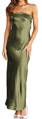 Realtix Satin Silk Backless Tube Tops Maxi Dress for Women Low Back Hollow Out Elegant Strapless Long Dresses Wedding Guest Olive