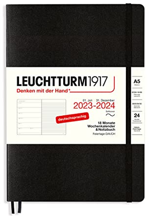 LEUCHTTURM1917 367865 Wochenkalender & Notizbuch Softcover Medium (A5) 2024, 18 Monate, Schwarz, Deutsch