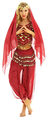 LiiYii Femme Robe Danse du Ventre Arabe Danse Performance Robe Princesse Indien Halloween Carnaval Costume de Danse du Ventre Rouge Taille Unique