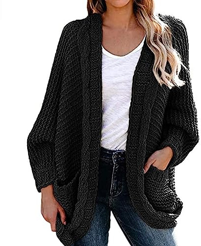 Mujer Elegante Chaqueta de Punto con Bolsillos Mujeres Otoño Invierno Manga Larga Ligero Cárdigan Color Sólido Cálido Abrigo de Punto Grueso, Negro , M