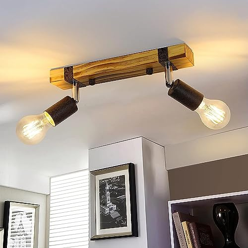 GBLY Vintage Deckenleuchte Retro Deckenstrahler - 2 flammig Deckenspots Holz im Industrial Design mit Verstellbaren Strahlern 30CM Deckenlampe für Flur Küche Esszimmer Wohnzimmer, 3x E27 4W 2200K