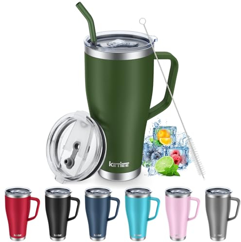 KETIEE 850ml Thermobecher mit Strohhalm und 2 Deckeln, 30oz Kaffeebecher to Go, Doppelwandiger Edelstahl Isolierbecher mit Griff, Autobecher Tumbler Cup für Heißer und Kalter Getränke, Olivgrün