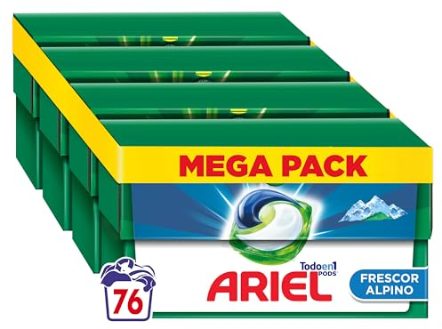 ARIEL PODS Todo en 1 Detergente Lavadora Liquido en Capsulas/Pastillas, 76 Lavados (4x19), Jabon Limpieza y Frescor Alpinos, 5 Acciones para una Limpieza Brillante en Frio