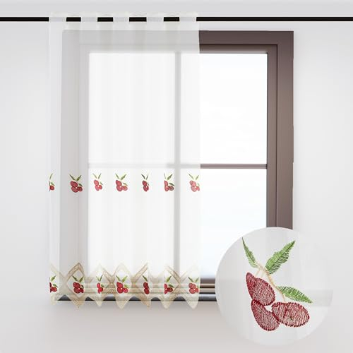 HOMEYA - Cortina Cocina 105 x 140 cm, Visillo Cocina con bordados transparente un panel 105 x 140 cm (ancho por largo), Cerezas