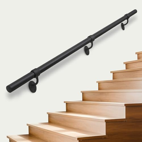 SDNBHT Stair Railing Indoor Metal Hand Rails for Indoor Stairs 1.5 Pipe Aluminum Wall Mounted Outdoor Handrail for Steps Black Industrial Handrail for Stairs 8ft