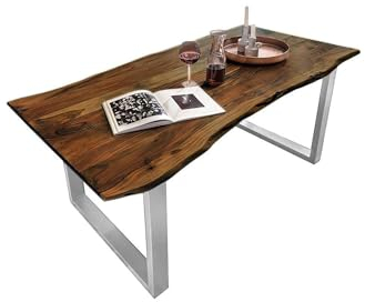 SAM B-Ware Esstisch 160x85 cm Mundra, Baumkantentisch aus Akazienholz, massiv + nussbaumfarben, U-Metallgestell Silber, Esszimmertisch mit echter Baumkante