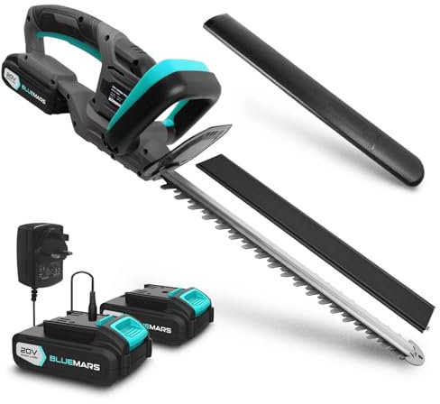 BlueMars 20V Cordless Hedge Trimmer & Cutter – Electric Hedge Trimmer for Hedges, Shrubbery, Bushes – Hedge Cutter Cordless for Garden – Included 2x 2.0AH Battery & Charger, Blade Cover, Storage Plate